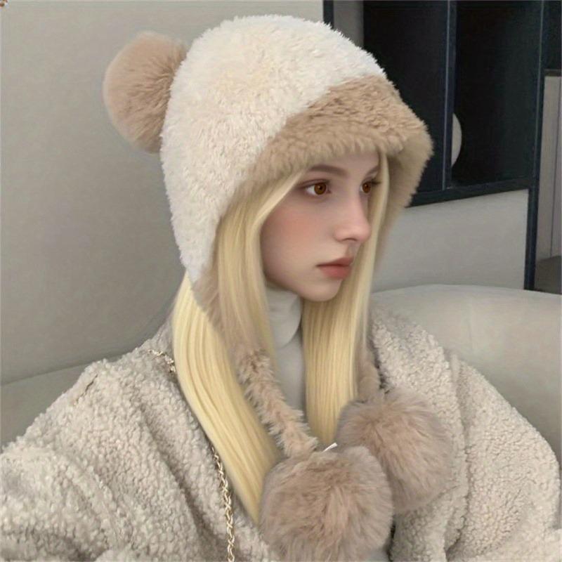 Fashion Autumn and Winter Splicing Knitted Ball Hanging Plush Hat Women Fluffy Plush No Eaves Hat Warm Thickened Plush Ear Hat