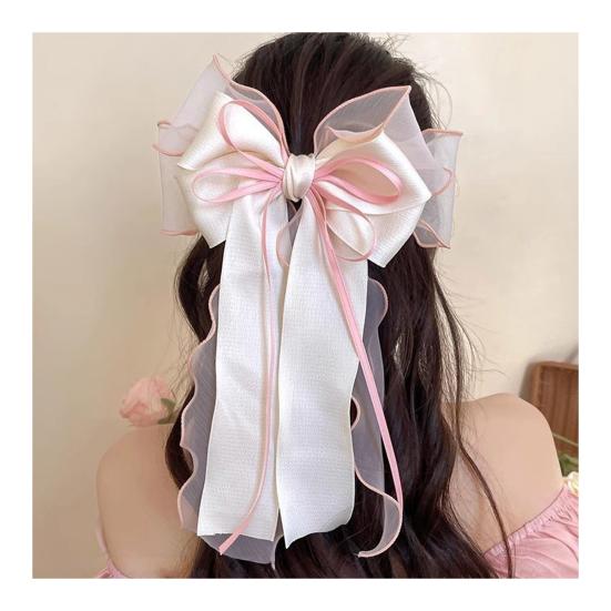Frühlings-Haarnadel Langes Band Netzgarn Satin Schleife Dekoration Hinterkopf Haarspange Helle Farbe Vielseitig Thematisches Haaraccessoire