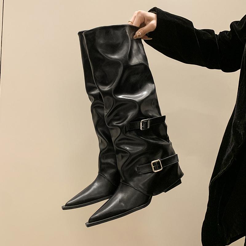 Fashion New Popular Retro Style Women Knee High Boots Fashion Belt Buckle Shoes Autumn Winter Wedges Heel Women's Knight Long Booties