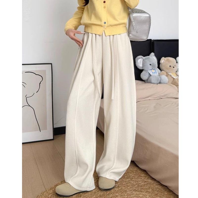 

Women s Velvet Wool Blend Crooked Leg Pants - 2025 Autumn/Winter Lace-up Korean Retro Style, Wide-Leg, Slimming, Casual. XL