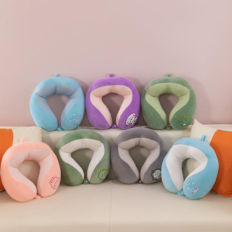 Cartoon U‑Shaped Neck Pillow Ice Bean Surface PP Cotton Filling Cervical Support Travel Pillow Portable Neck Rest for Airplane Car Office Nap