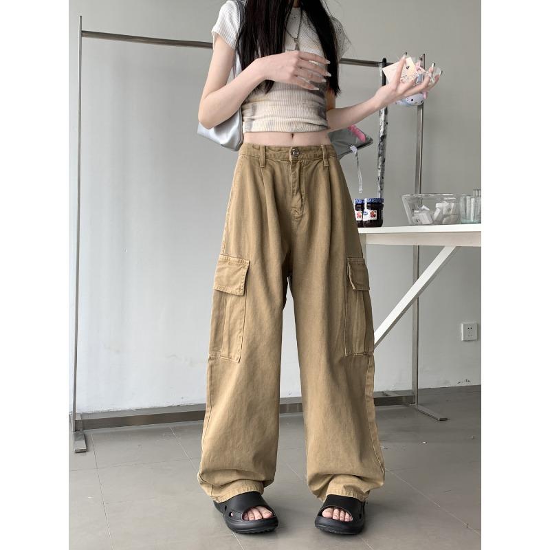 

Однотонные джинсы-карго цвета хаки с боковым карманом, женские свободные прямые летние брюки с высокой талией из джинсовой ткани Y2k