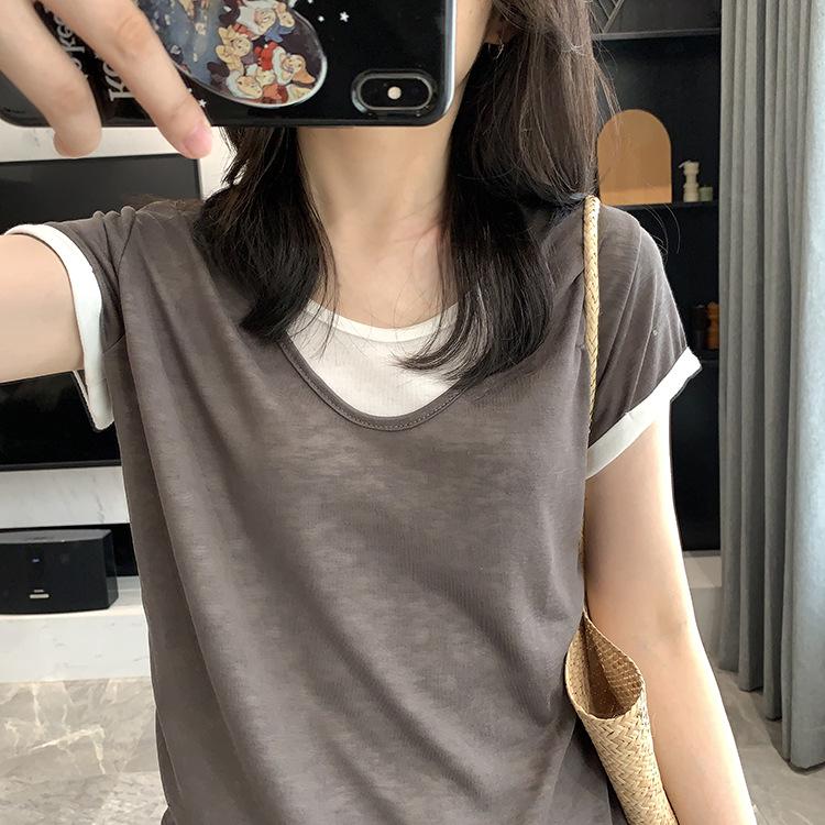 

Женская приталенная футболка с эффектом двух вещей: Лето 2025 Тонкий, Дышащий Топ с коротким рукавом и U-образным вырезом One Size темно-серого