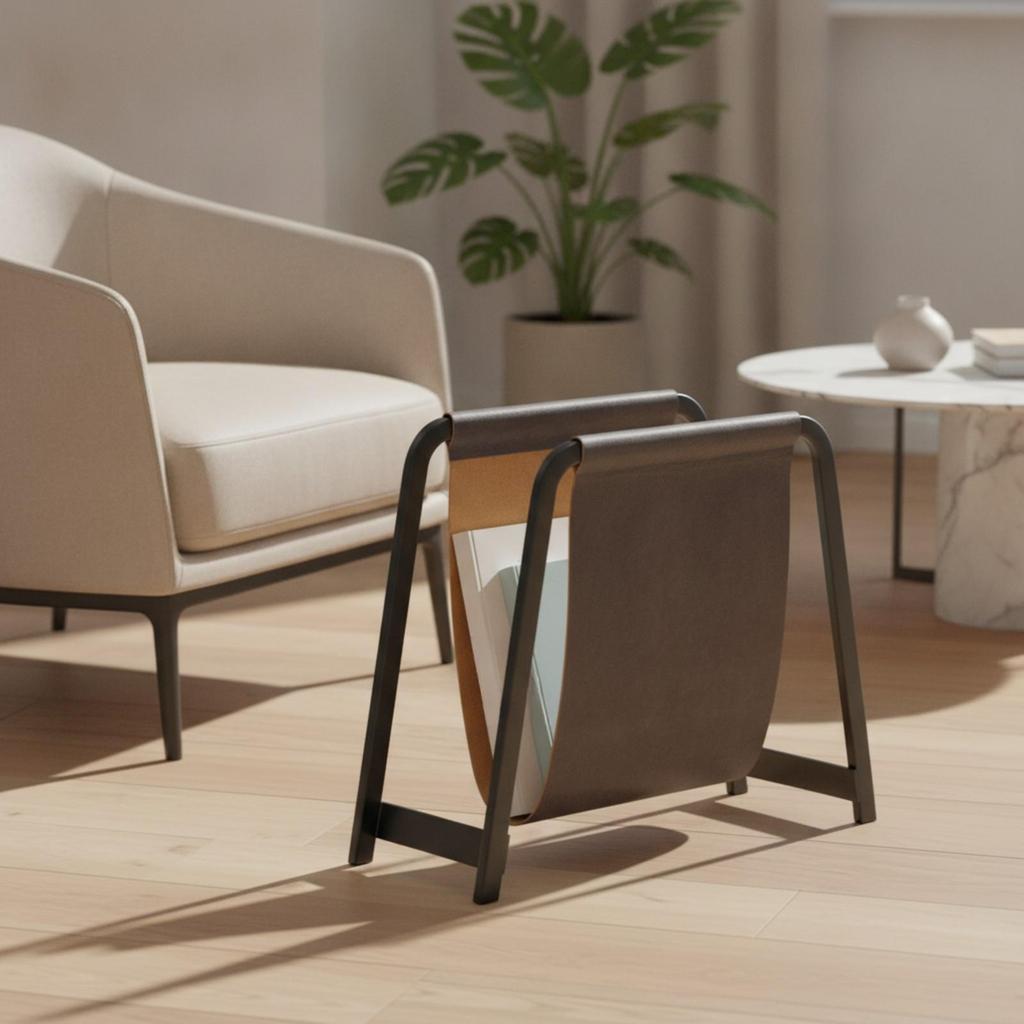 A-Shape Magazine Rack with Leather Sling Modern for Office, Entryway