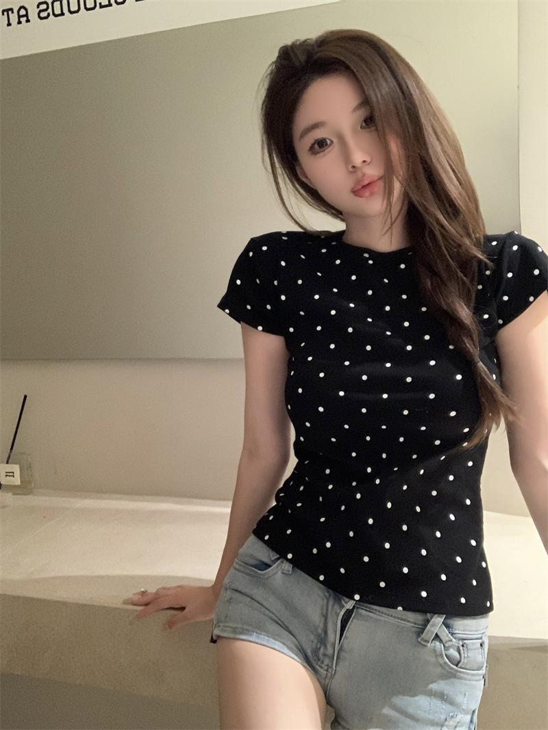 

Korean polka dot printing round neck front shoulder short-sleeved T-shirt women s summer new slim and thin versatile top trend XXL чорний