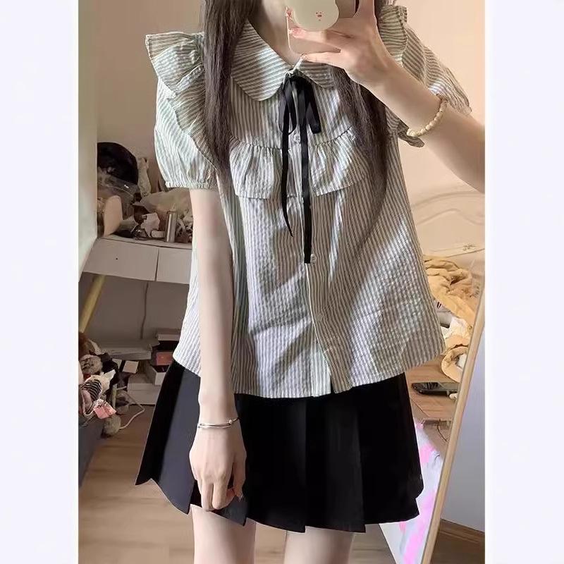 Women's Preppy Gray Striped Ruffle Puff Sleeve Two-Piece Set: Short-Sleeve Top and Skirt