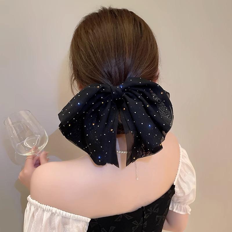 Elegant Temperament Mesh Hair Clip for Woman Rhinestone Large Bow Hairpin Fashion Girl Duckbill Clip