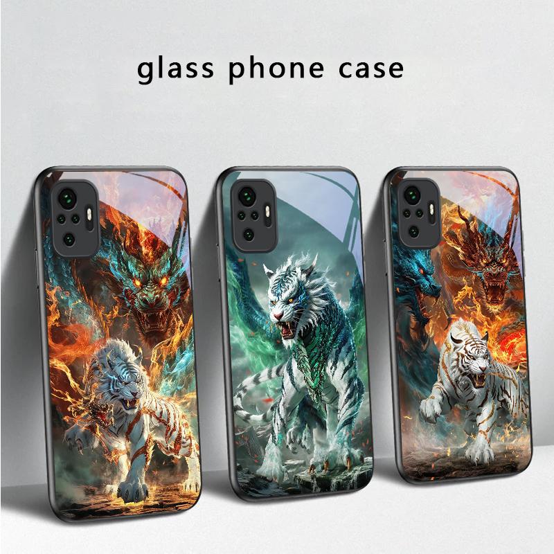 Een enorme draak en tijger Voor Redmi Note 14 Pro+ 13 Pro 8 9 9S 12S 10 Pro 11 12 13C 14C A3 12 13 K60 Ultra Zwart Glazen Telefoonhoesje