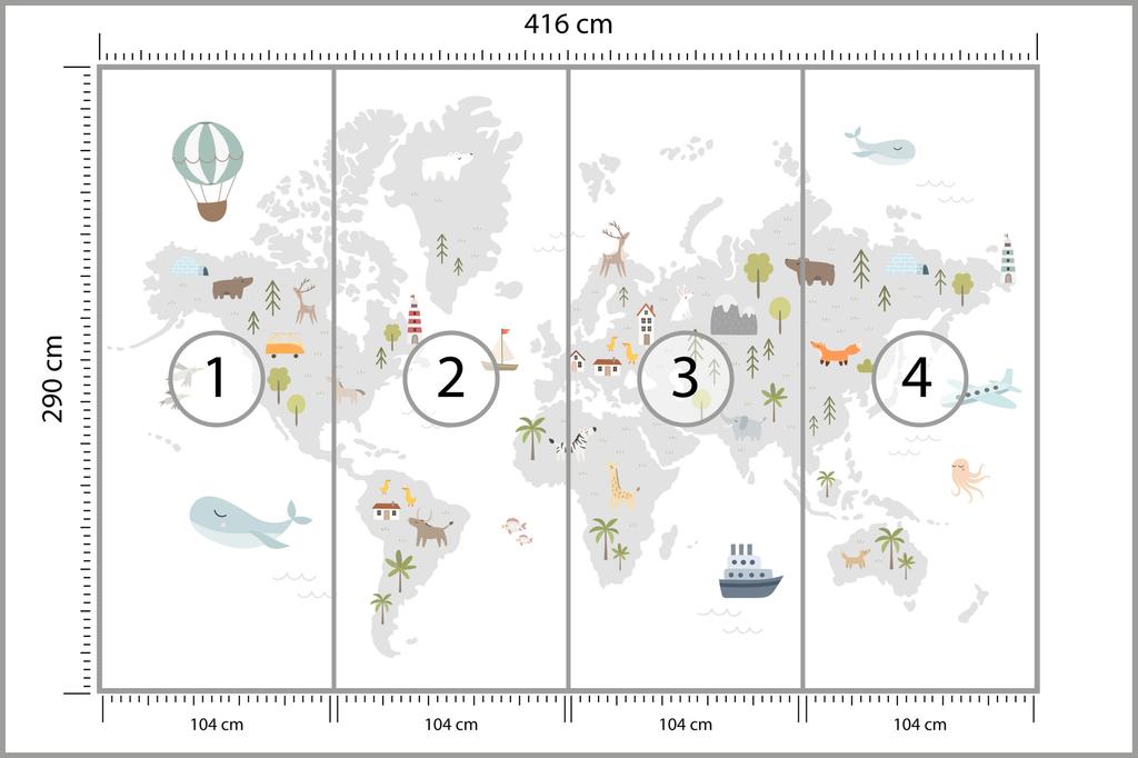 Photomural World Map With Cute Animals In Cartoon Style. Map For Nursery, Kids Room With Nature, Animals, Transports. Scandi Non-Woven 416x290