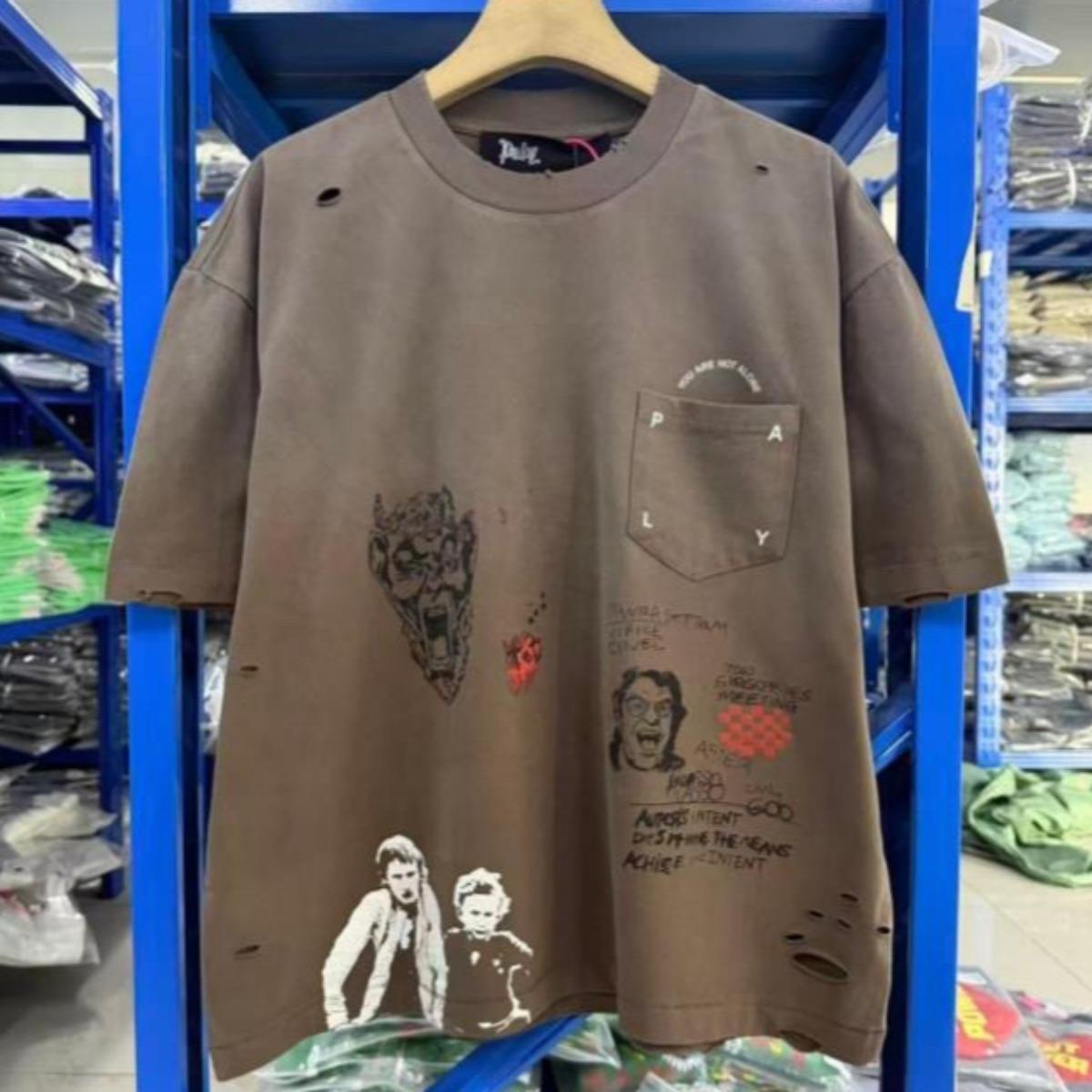 

VibeStreet Vintage Trend Cartoon Print Crystal Letter PALY Brown Oversized T Shirt XL