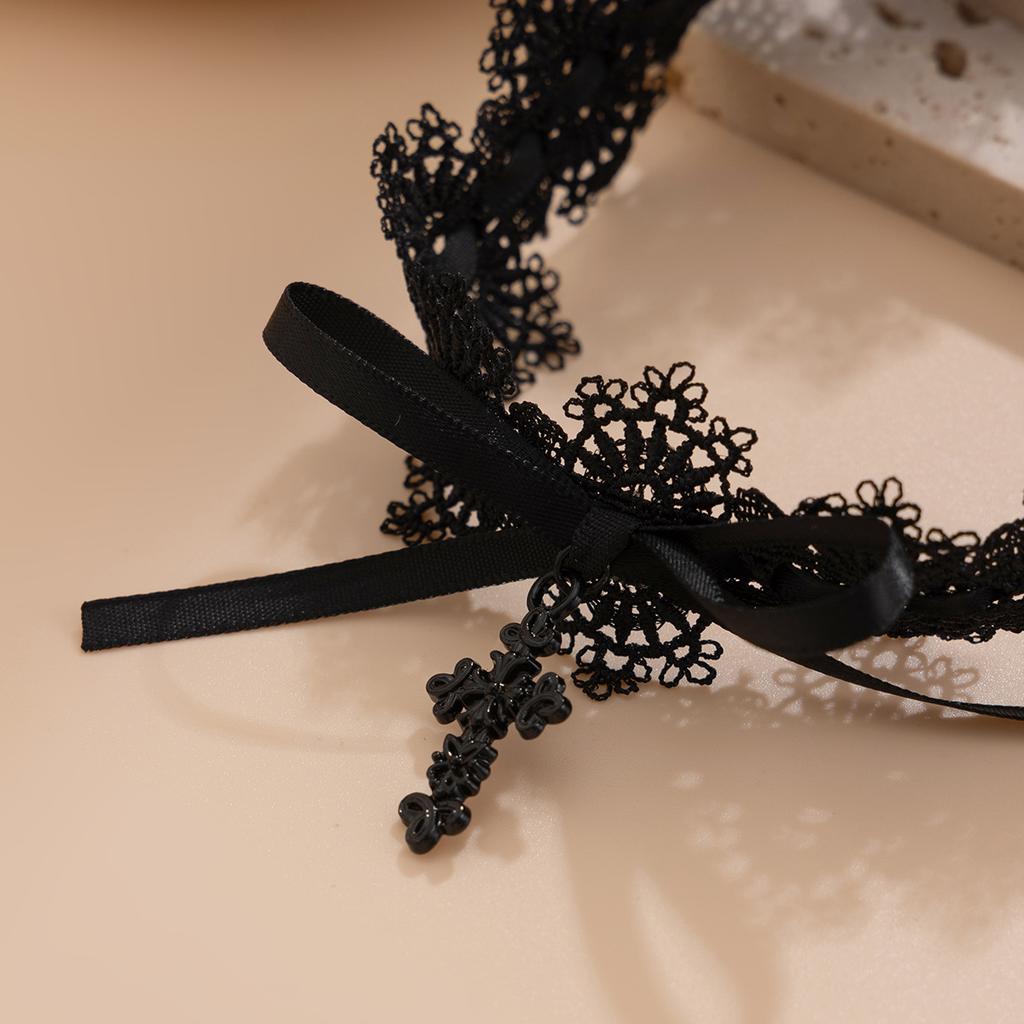 Sweet Cool Lolita Bow Love Necklace Necklace, Black Lace Up Choker Jewelry
