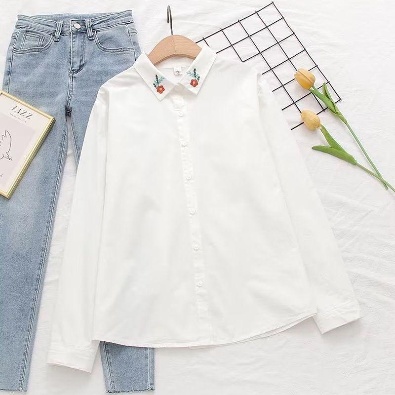 

Fresh Plaid ~ Autumn New Artistic Simple Loose Shirts Women s Long-Sleeved Shirt Casual Outerwear Top White floret collar S