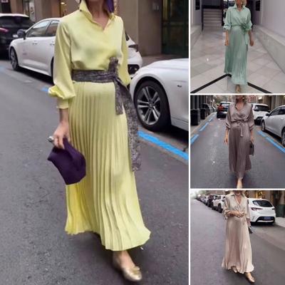 Women Dress Lapel V-Neck Long Sleeve Lace-up High Waist Long Dress Solid