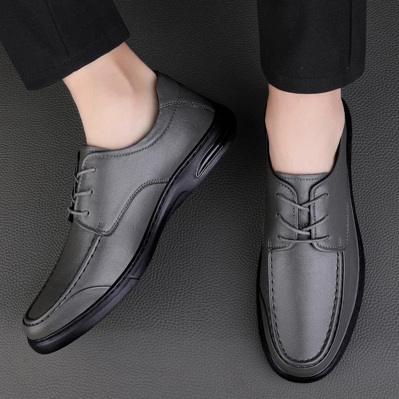 Men's round head first-layer cowhide casual shoes front lace-up flat heel shallow mouth business dress work versatile leather shoes