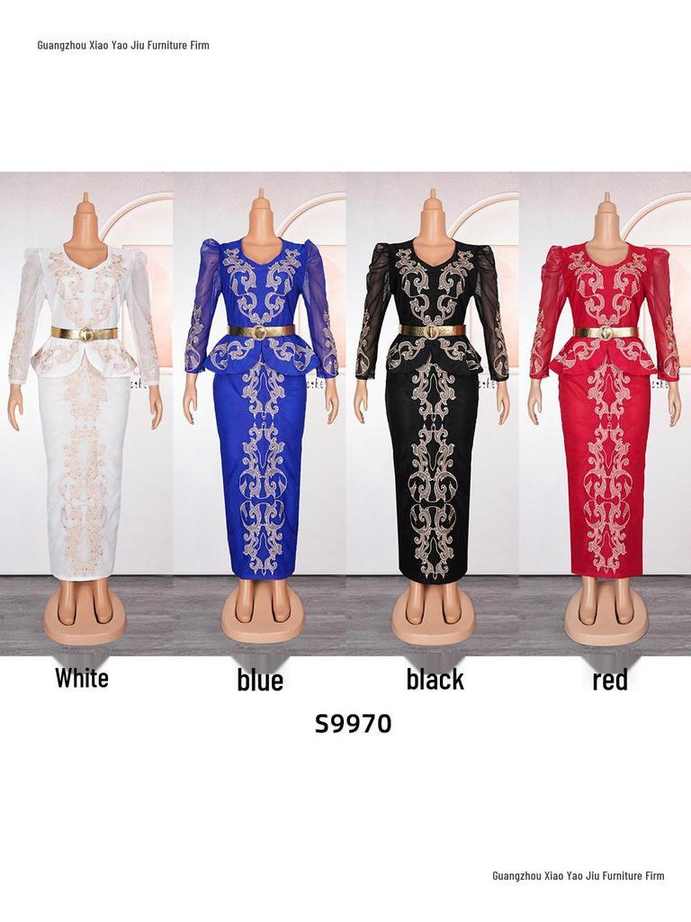 African Plus Size Rhinestone V-neck Formal Dress
