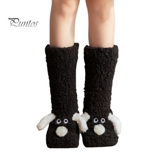 1 Pair Adult Winter Floor Socks Cartoon Dog Design Thickened Plush Double Warmth Anti-slip Long Socks Holiday Gift