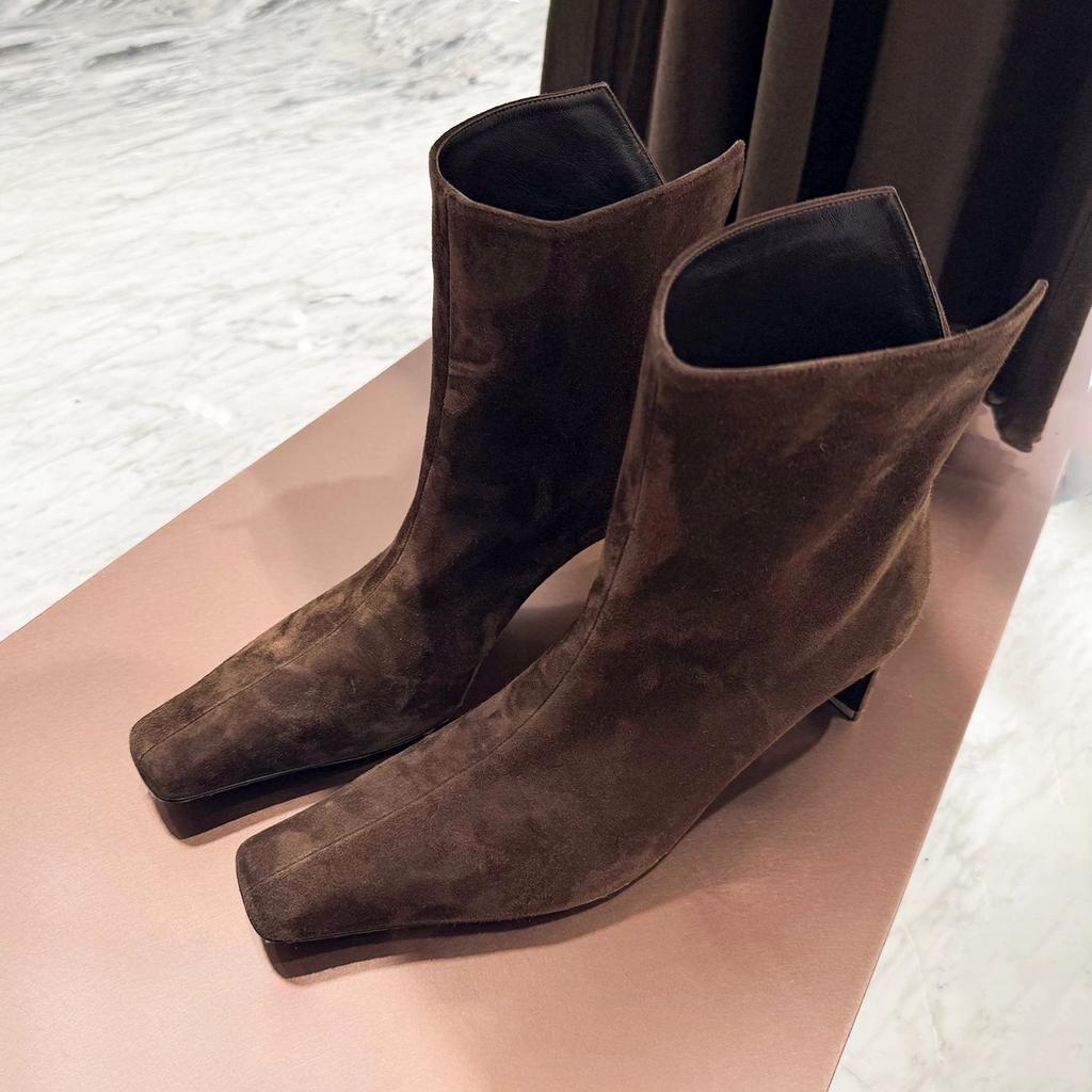 Sheepskin Version~ French Temperament Small Square Head Rear V-opening High-heeled Thin Boots Cowboy Boots Women's 2025 Fashion Boots Short Boots