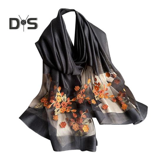 

Шарф из искусственного шелка с вышитым бисером и цветком яблони, женская универсальная шаль, удобный шарф из искусственного шелка чёрный
