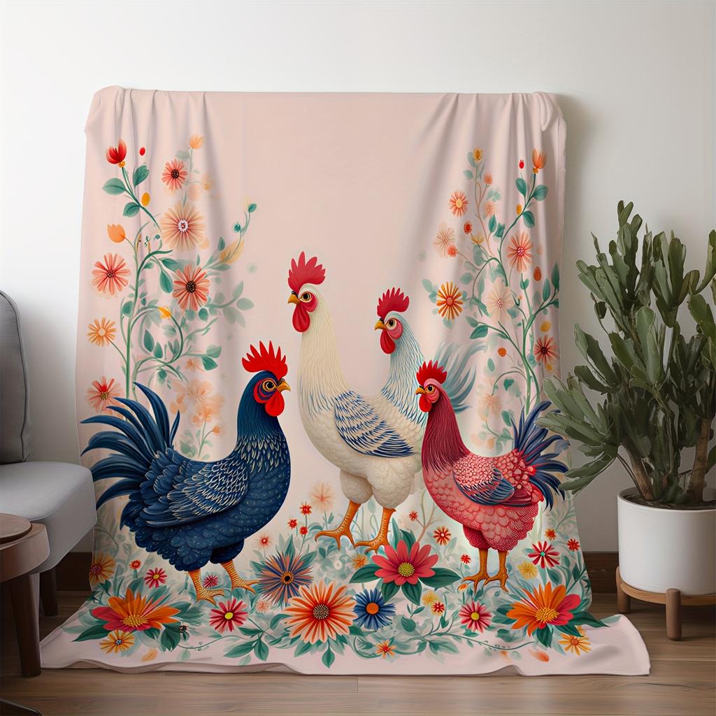 1pc Sdoo Vintage Floral & Rooster Print Flannel Blanket - Soft Cozy Throw for Sofa, Bed, Car, Office, Camping - All-Season Warmt