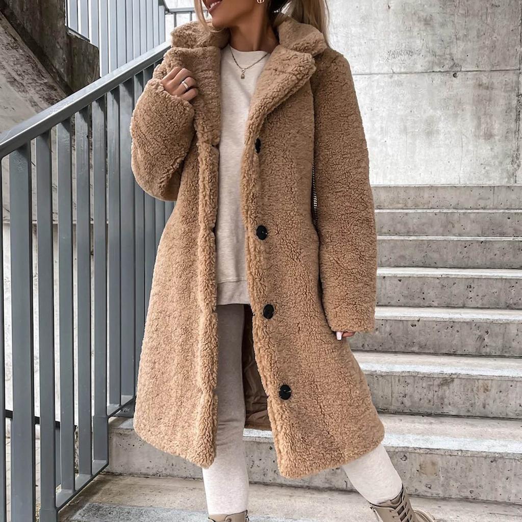 Women's Long-sleeved Warm Plush Jacket With A Lapel