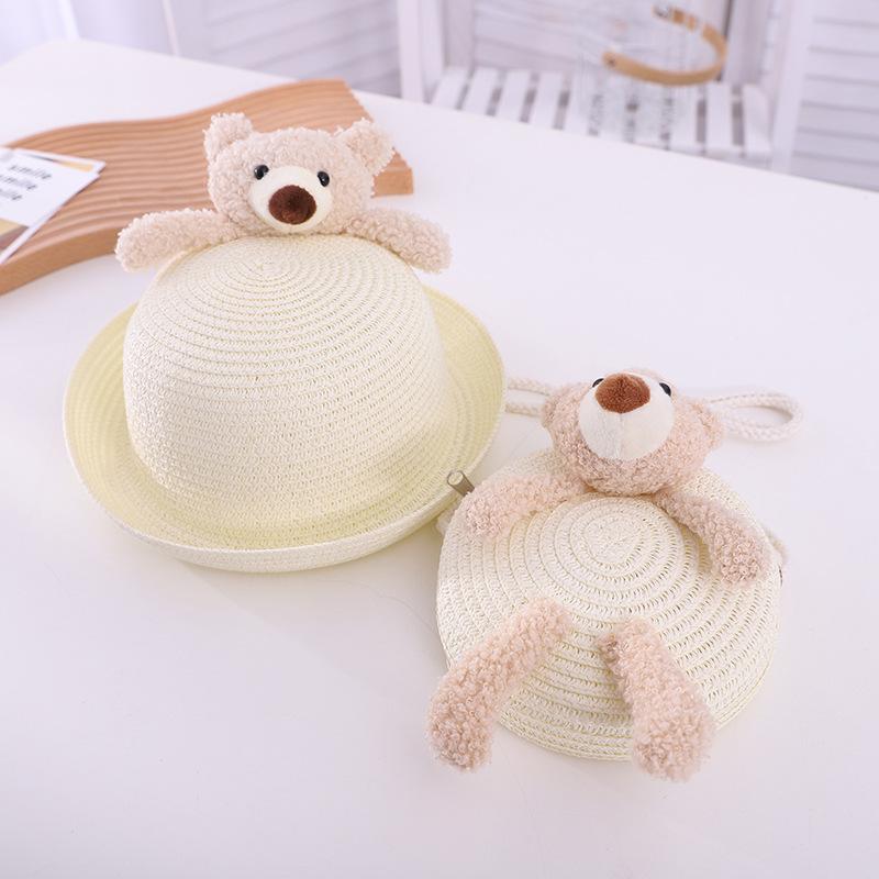Summer Children Cute Bear Straw Hat Baby Travel Sun Hat Girl Princess Beach Bucket Hat