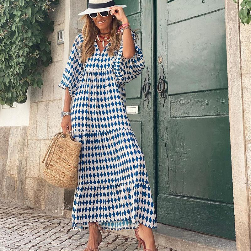 

Женская мода лето с v-образным вырезом в стиле бохо средней длины, повседневное повседневное сексуальное пляжное удобное крутое длинное платье L