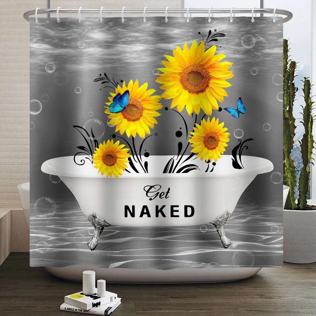 Rustic Sunflower Daisy Shower Curtain Butterfly Floral Vintage Country Farmhouse Flower Wooden Board Waterproof Bathroom Curtain