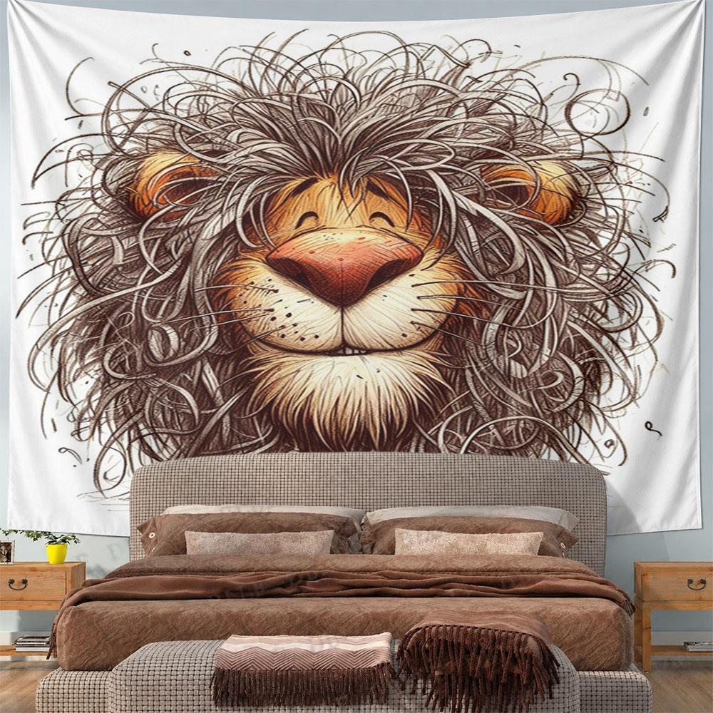 Tapestry da Parete Decorativa con Disegno di Leone Sorridente e Capelli Disordinati, Decorazione per la Casa per Camera da Letto e Soggiorno