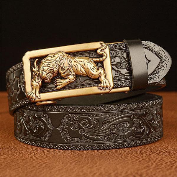 Fashion Men's Belt Leather Belt Men's Carved Floral Tiger Pattern Gold Self Buckle Belt for Jeans