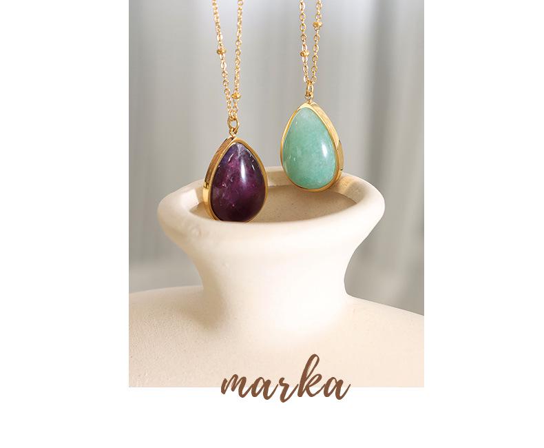 Korean Style Teardrop Oval Pendant Necklace, Natural Raw Stone, Clavicle Chain, Gold-Plated Titanium Steel
