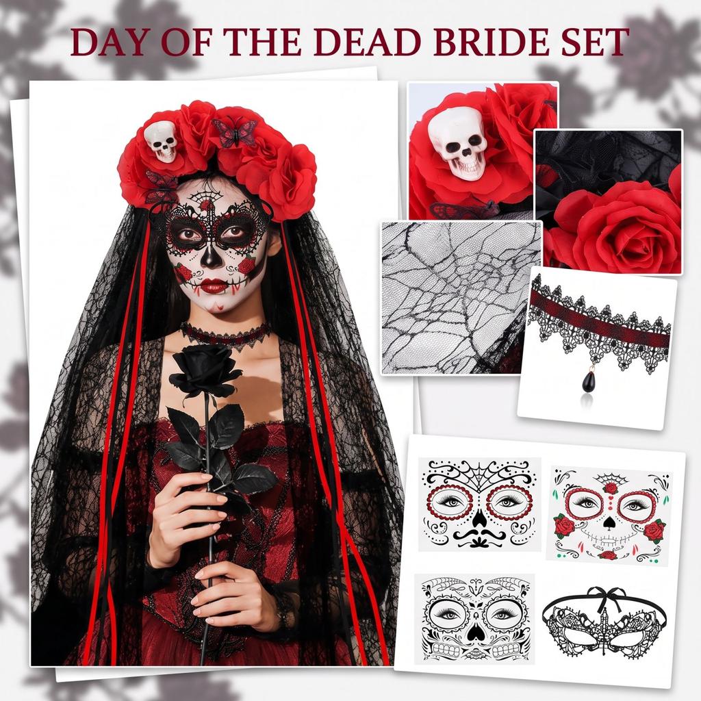 Women's Halloween Bride Costume Set with Red Black Rose Lace Choker and Face Stickers for