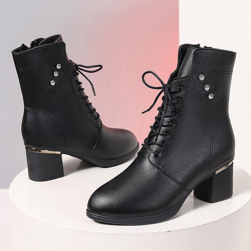 Lucyever Podzimní šněrovací kotníkové boty na silném podpatku pro ženy, nadměrná velikost, zip, PU kůže, dámské retro boty na vysokém podpatku, krátké kotníkové boty Mujer