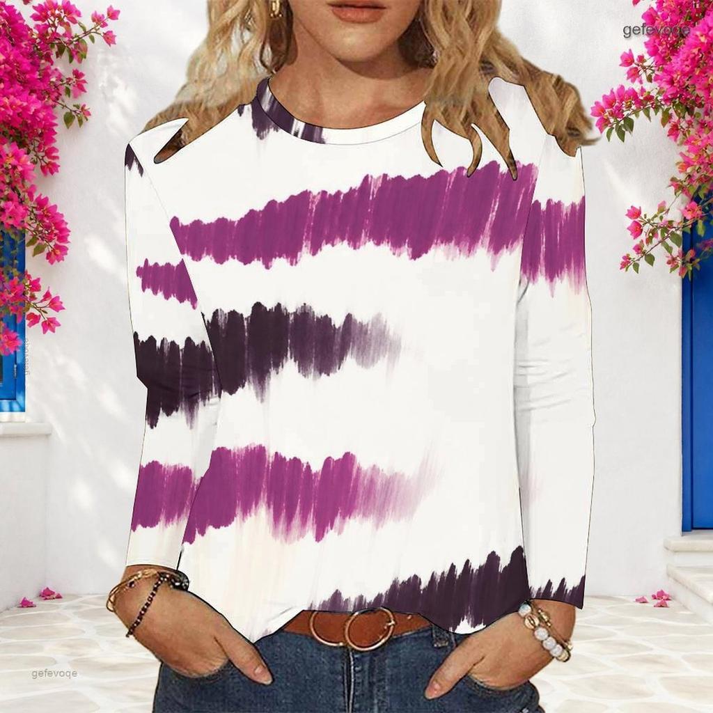 Women Plus Size Round Neck Long Sleeve Tie Dye Striped Printed Pullover Sweatshirt
