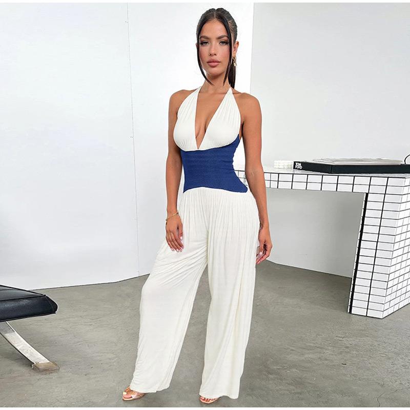 Halter Neck Sleeveless Stitching One-piece Wide-leg Pants Summer Ladies One-piece Casual Fashion Commuter Style