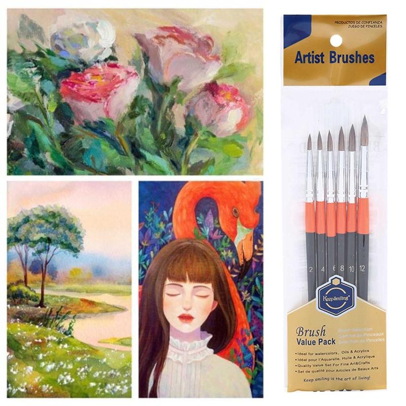 6 Kit Watercolor Painting Brushes Anti-Shedding Round Tip Artist Paintbrushes for Kids Adults Drawing Art Craft Supplies