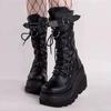Platform Biker Boots Spice Girl Mid-Tube Lace-Up Black Knight Boots for Women