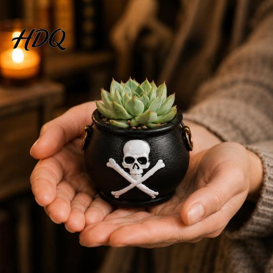 Vintage Metallhenkel Topf Hexenkessel Pflanzgefäß, Halloween Totenkopf Blumentopf, Gotischer Harz Mini Topfpflanzen Halter Schwarze Süßigkeitenschale für Kräuter,