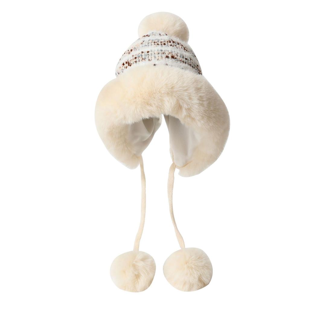 Autumn and Winter Cute Bear Fur Ball Plush Knitted Hat for Women Korean Style Ins Thickened Warm Ear Protection Cold Proof Woolen Hat