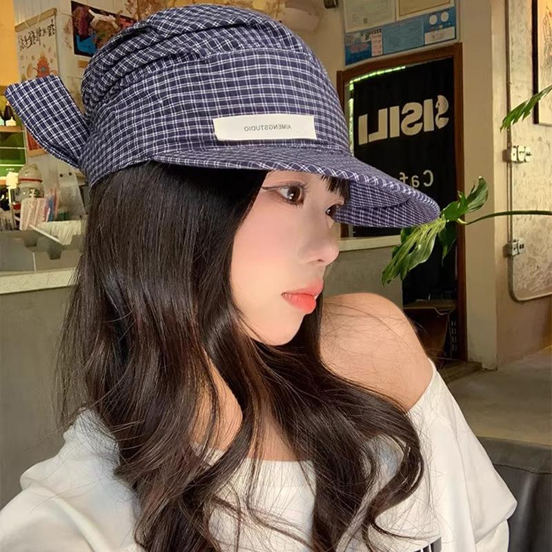 Spring and Summer Korean Style Literary Checkered Straps for Women with A Small  Versatile Flat Brimmed Baseball Cap Sun Protection Sun Hat