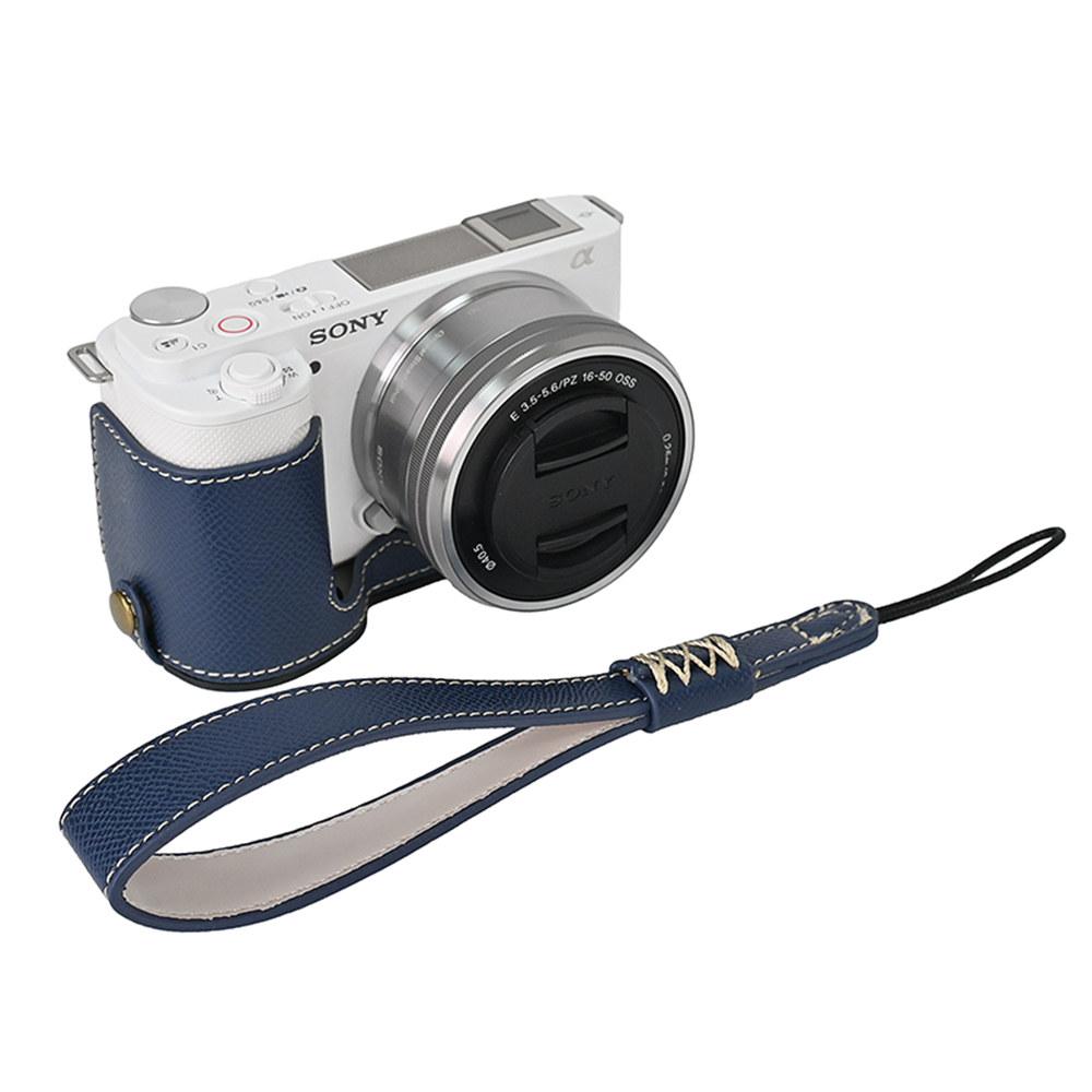 Kamera-Halbhülle aus PU-Leder mit Palmenmuster für Sony ZVE10 ZV-E10, Batterieöffnung mit Handschlaufe