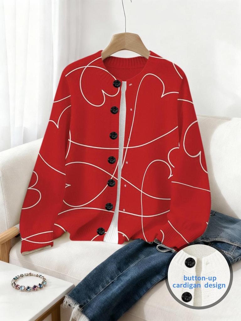 Spring Digital Print Cardigan: Valentine's Day Loose Knit Women's Fashion Top