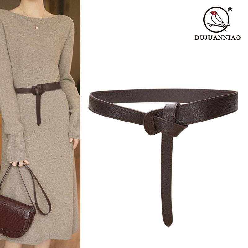 Double-Sided First-Layer Cowhide Belt Women'S Knotted Decorative Skirt Leather Belt Waist Women'S Sweater Jacket