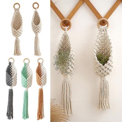 Panier suspendu tressé, Panier suspendu pour plantes style Bohème avec pompons, Panier en corde de coton nouée pour plantes aériennes d'intérieur
