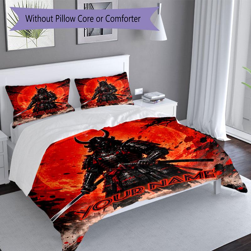 3PC Custom Name Samurai Moon Warrior Bedding Set Duvet Cover Closure Includes 1 Duvet Cover & 2 Pillowcases for Bedroom