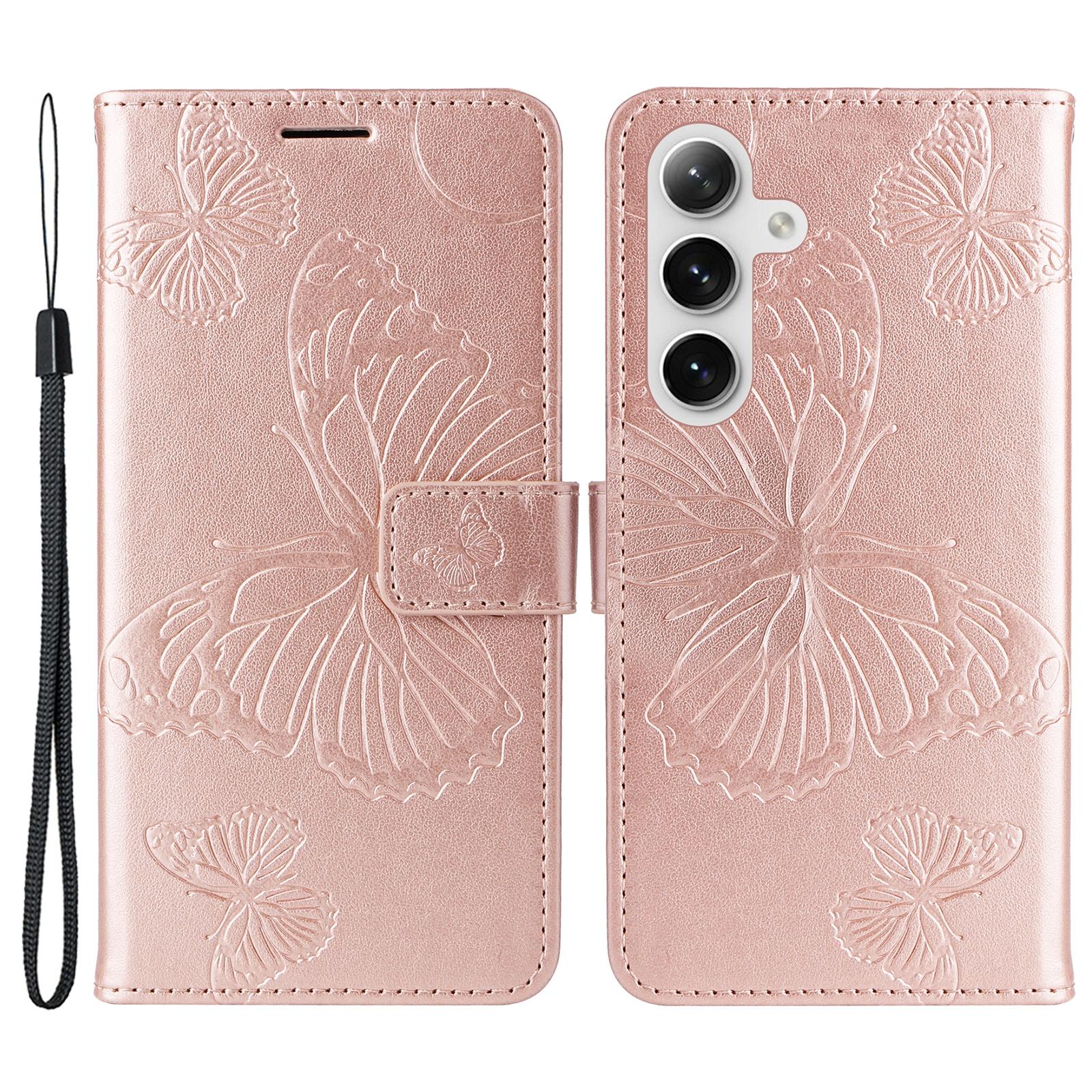 

For Samsung Galaxy S25+/S24+ Wallet Case Floral Butterfly Imprinted Leather Phone Cover Stand Rose Gold