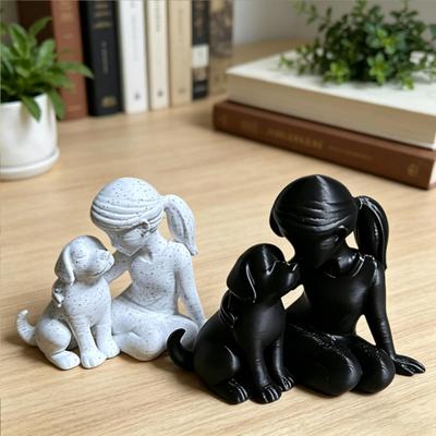 Girl And Dog Statue Nordic Style Desktop Girl Dog Figurine for Bedroom Living Room Home Office Shelf Desk Decor
