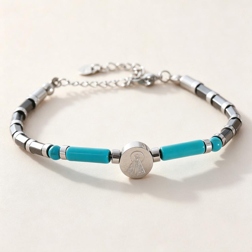 Mens Black Stainless Steel Cross Bead Bracelet With Turquoise Stone For Fashion And Gift