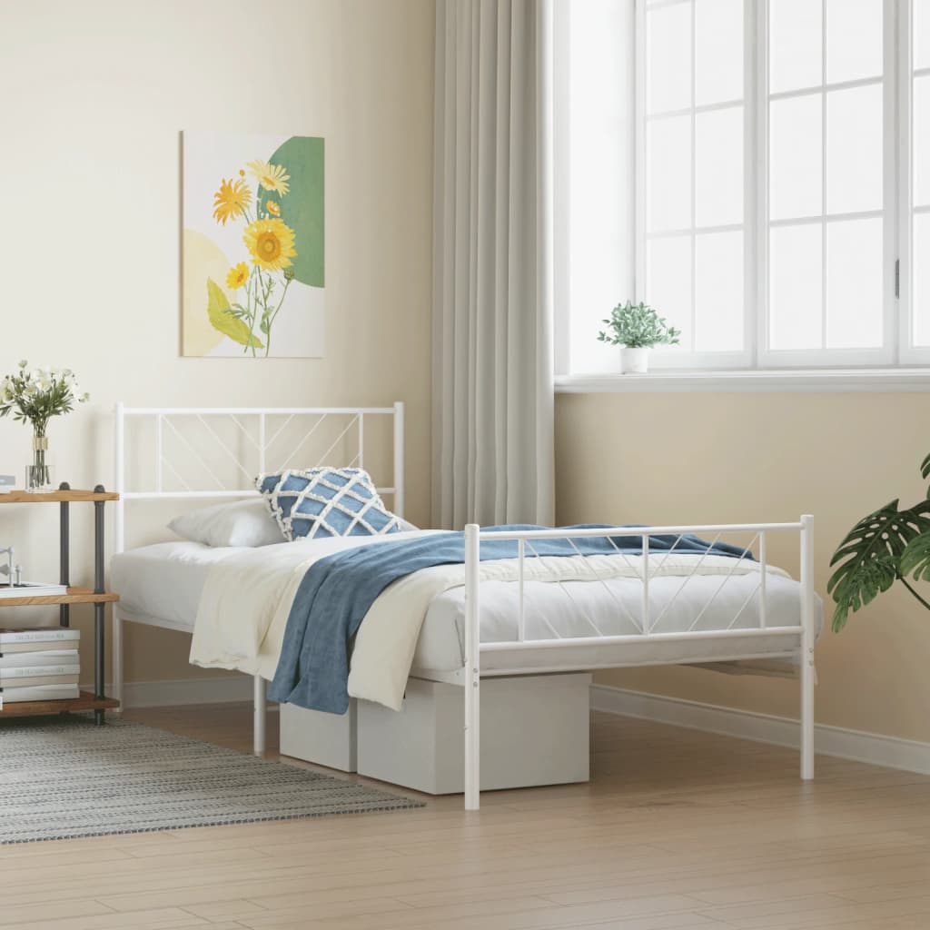Metal Bed Frame with Headboard and Footboard White 107 X 203 Cm