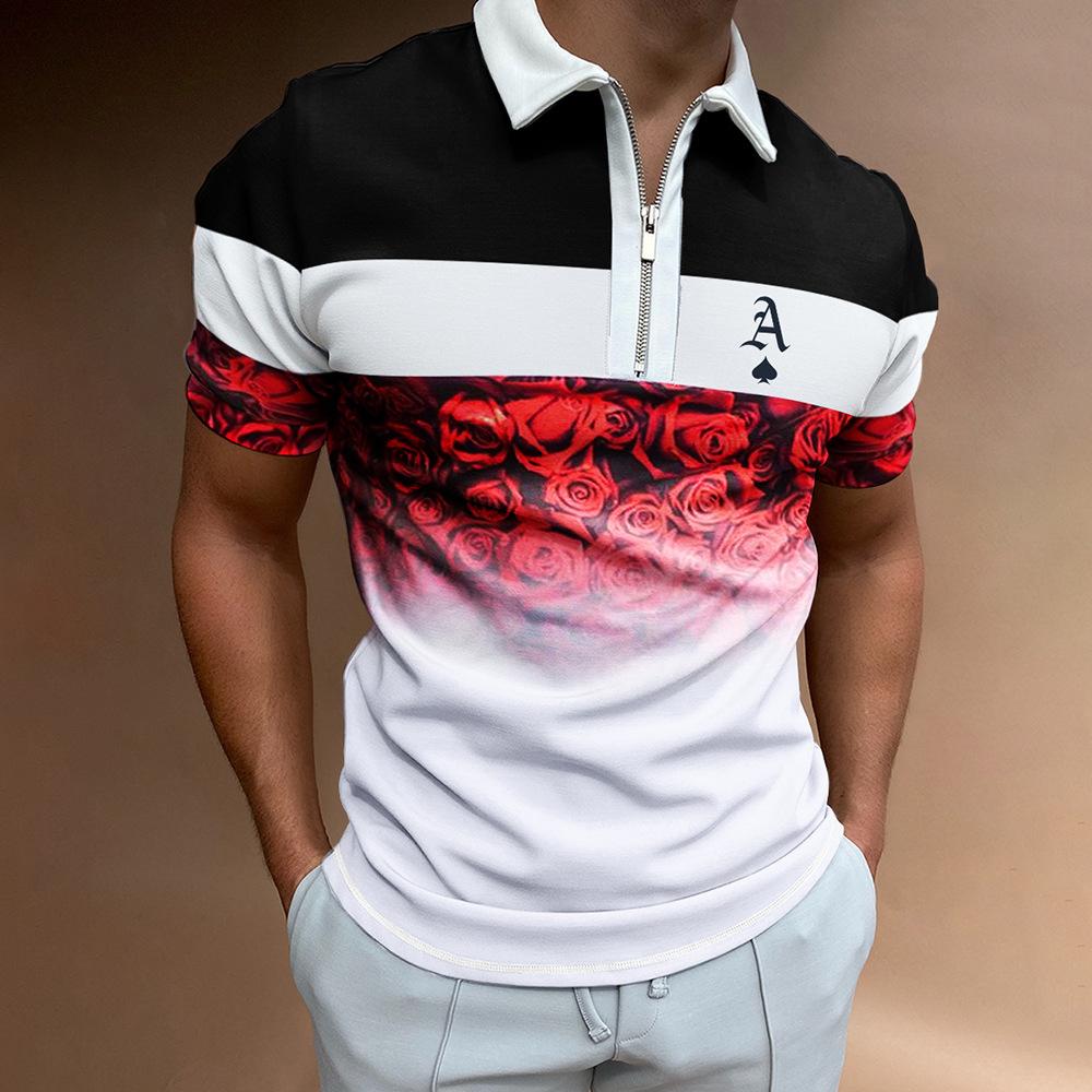 2022 new independent station supply 3D printing lapel short-sleeved pullover casual men's T-shirt zipper POLO shirt
