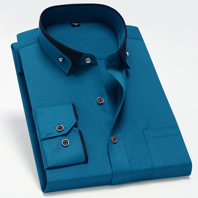 Men's Color-Block Collar Long Sleeve Dress Shirt with Crystal Buttons, Lapel Collar, Fashionable Business Casual Cardigan, Wrinkle-Free Stretch Shirt